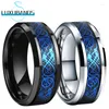 Trouwringen 8 mm wolfraamcarbide ring voor mannen Wemen afgeschuinde randen blauwe draak zwart koolstofvezel inleg comfort fit