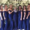 Marineblauwe zeemeermin bruidsmeisje jurken van schouder chiffon satijnen tuin bruiloft gastenfeest jurken boho bruidsmeisje prom jurken