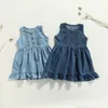 Fille Robes Enfants Robe Filles Couleur Unie À Volants Col Rond Sans Manches Robe Pour L'été Bleu Foncé/Bleu Clair 1-6 Ans