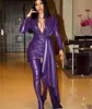 Robe de soirée sirène col en V femmes manteau de fourrure violet gaine avec botte longue robe longue Yousef aljasmi Labourjoisie kim kardashian