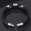 Bracelet créatif Double couche en cuir tressé noir Bracelet hommes bijoux Punk acier inoxydable fermoir magnétique hommes