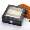 Horloge Dozen 2/3/6/9/10/12 Slot Lederen Doos Display Case Organizer Glas sieraden Opslag Grote Houder Zwart