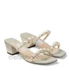 luxurywomens Sandal Slipper Shoes Pearls Women Sandal Pearl Strap Slippers Block Heeled Mule Square Toeサイズ35-42