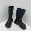 최신 레인 부츠 고무 둥근 발가락 긴 부츠 야외 디자인 가을 겨울 기사 하이 플랫폼 큰 머리 두꺼운 바닥이 아닌 젤리 신발 2023 EUR 35-46