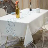 Nappe de table en lin décoratif en plumes brodées avec pompon, imperméable à l'huile, épaisse, rectangulaire, pour Table à manger de mariage, J2210183634765