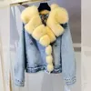 Women's Trench Coats Women Denim Jeans Coat Jacket With Real Fur Collar 2022 Fashion Winter Furry Fluffy Suit Luxurious Pink Green