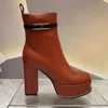 Licht Tan enkellaarzen Designer Buckle Soft Leather Damesschoenen Zip Platform Heel Roman Bootie 11,5 cm Hoge hakken Fashion Boot 35-43 met doos