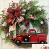 クリスマスの装飾レッドトラッククリスマスリース素朴な秋の玄関玄関人工花輪農家のチェリーリボンぶら下がっているf dhimy