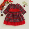 女の子のドレスキッドガールクリスマスプリンセス秋の冬の服長い丸い首の格子縞のプリントメッシュジッパーハイウエスト221101