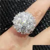Cluster anneaux de cluster Bijoux de luxe 3CT Solide Plata Big White 5A CZ Simated Stones Band Flower Ring For Lover Giftclu Dhrv6