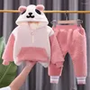 Roupas conjuntos de inverno meninos meninas roupas quentes roupas espetadas de pelúcia 2023 flanela panda capuz calça infantil trajes de traje bebê para crianças conjunto