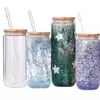 ABD deposu 16 oz 25 oz cam kupalar açık süblimasyon çift duvar tumbler glitter diy kar küre boş kutular bira suyu bardak bambu kapaklar ve saman 1101