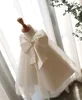 Jewel Bow Neck Princess Tea-Length Flower Girls 'Jurk Satin en Tule Mouwloze A-Line Wedding Party Kerstjurken Girls' eerste verjaardag jurken