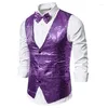 M￤n v￤star herr paljett v￤st gl￤nsande guld kostym v-hals festkl￤nning waistcoat bowtie 2 stycken set disco scen prom man chaleco