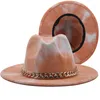 Berets Wide Brim Tie-Dyed Faux Wool Felt Fedora Hats With Golden Chain Women Men Jazz Top Cap Panama Party Formal Hat
