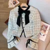 Women's o-neck velvet bow patched jackets plaid grid tweed woolen flare long sleeve coat MLXLXXL