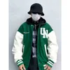 hoodiehoodieZsk American Color Contrast Baseball Jacket Wool Pu Leather Sleeve Jacket Men's and Women's Street Thick Cotton Clothes in Winter