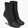 Winter Luxus Erste Damen Stiefeletten Nappaleder High-Heel Stiefel Fförmige Booties Abgerundete Spitze Goldfarbene Metall Party Hochzeit Booty