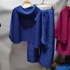 Frauen Zweiteilige Hosen Miyake Plissee Sets Frauen 2022 Herbst Revers Bawing Ärmeln Tops Breite Bein Zwei-stück Lose große Größe Casual Weibliche