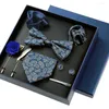 Papillon Set da 8 pezzi Bussiness Blue For Mans Spille floreali Spille Gemelli Fermacravatta Farfalla Papillon Accessori da sposa Confezione regalo