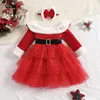 女の子のドレスキッドガールクリスマスプリンセス秋の冬の服長い丸い首の格子縞のプリントメッシュジッパーハイウエスト221101