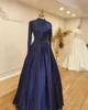 Modest Navy Muslim Evening Dresses High Neck Long Sleeve Elegant Women Formal Event Gowns Lace Beaded Arabic Dubai Islamic Celebrity Prom Special Occasion Wear