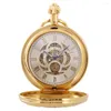 Pocket Watches Shield Pattern Cover Mechanical Watch Pendant Golden Automatic Wingding Clock Roman Numerals Hollow Dial