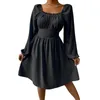 Casual Dresses Women Long Lantern Sleeve Square Neck Ruched High midjeklänning A-line Mini