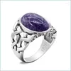 Anneaux de cluster Bagues de cluster Sterling Sier Man Bague Vintage avec Charoite naturelle Big Purple Stone Thai pour hommes femmes bijoux turcs Dhw3S