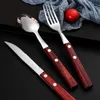 Servis uppsättningar yoolov rostfritt stål bestick gaffel sked trähandtag japansk koreansk västra retro el stek kniv