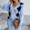 Dames truien 2022 Fashion dames herfst preppy stijl diamant plaid casual pullover trui gebreide v-neck kleding met lange mouwen top 23725