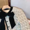 Women's o-neck velvet bow patched jackets plaid grid tweed woolen flare long sleeve coat MLXLXXL