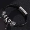 Bangle gevlochten lederen armband mannen sieraden punk schoppen schedel roestvrijstalen magnetische gesp aan skeletbanden cadeaus