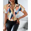 Women's Blouses V-neck Casual Vintage Slim Style Shirts For Women 2022 Summer Color Matching Chain Prints Short Sleeves 2xl Wholesale