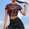 Women's T Shirts Women's T-Shirt Sexy Women Sheer Mesh 2022 Flame Print Short Sleeve See Through Crop Top Fashion Stylish Clothes #R20