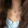 Choker koreański elegancki symulowane perełowe naszyjniki dla kobiet dziewczęta Wedding Efmel Red Cherry Naszyjnik Summer Bijoux Colares