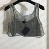 レディースダイヤモンドタンクトップデザイナースリングチューブメタルトライアングルロゴ女性用の短いTシャツ