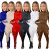 New Womens Hollow Out Pants Suit Sexy Elastic Hole Collo alto Autunno manica lunga Top e leggings Set