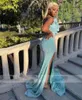 Sparkly Lake Blue O nek lange prom jurken zwarte meisjes lovertjes avondjurken ruches formele jurk kralen hoge spleet gewaad de