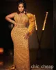 2022 Arabic Aso Ebi Gold Mermaid Prom Dresses Beaded Crystals Feather Evening Formal Party Second Reception Birthday Engagement Gowns Dress ZJ333