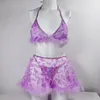 Bras Sets Feather Lingerie Butterfly Underwear Women Transparent Sexy Without Feeling Purple Thongs 3-Pieces Fancy Lace Intimate