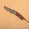 R1101 Flipper Folding Knife Damascus Steel Drop Point Blade Rosewood with Carving Steel Head Handle Ball Bearing Fast Open EDC Pocket Folder Knives