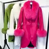 Women's Leather Ladies Real Sheep Coat Slim Lambskin Jacket With Fur Collar And Cuff