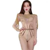 Stage Wear Frange dorate Body sexy con strass brillanti Festeggia il compleanno elasticizzato Vedi attraverso trasparente