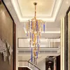 Kroonluchters kristal trappen plafond kroonluchter voor duplex villa trap el aluminium lichaam kleur hangende lichtverlichting