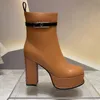 Licht Tan enkellaarzen Designer Buckle Soft Leather Damesschoenen Zip Platform Heel Roman Bootie 11,5 cm Hoge hakken Fashion Boot 35-43 met doos