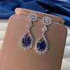 Dangle Earrings 18K White Gold Color Blue Stone 925 Sterling Silver Created Moissanite Sapphire Diamond Drop Fine Jewelry