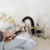 Bathroom Sink Faucets Double Handles Black Golden-Plated 4 Pcs Wash Basin Brass Vessel Bathtub Torneira Tap Mixer Faucet