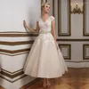 Wedding Dress Ankle Length Lace A-line Dresses 2022 Princess Tulle V-neck Short Sleeves With Bow Sash Puffy Zipper Bridal Gowns