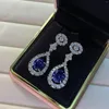 Dangle Earrings 18K White Gold Color Blue Stone 925 Sterling Silver Created Moissanite Sapphire Diamond Drop Fine Jewelry